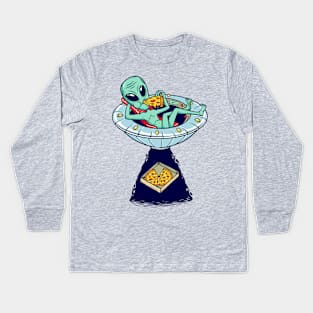 alien eating pizza illustration Kids Long Sleeve T-Shirt